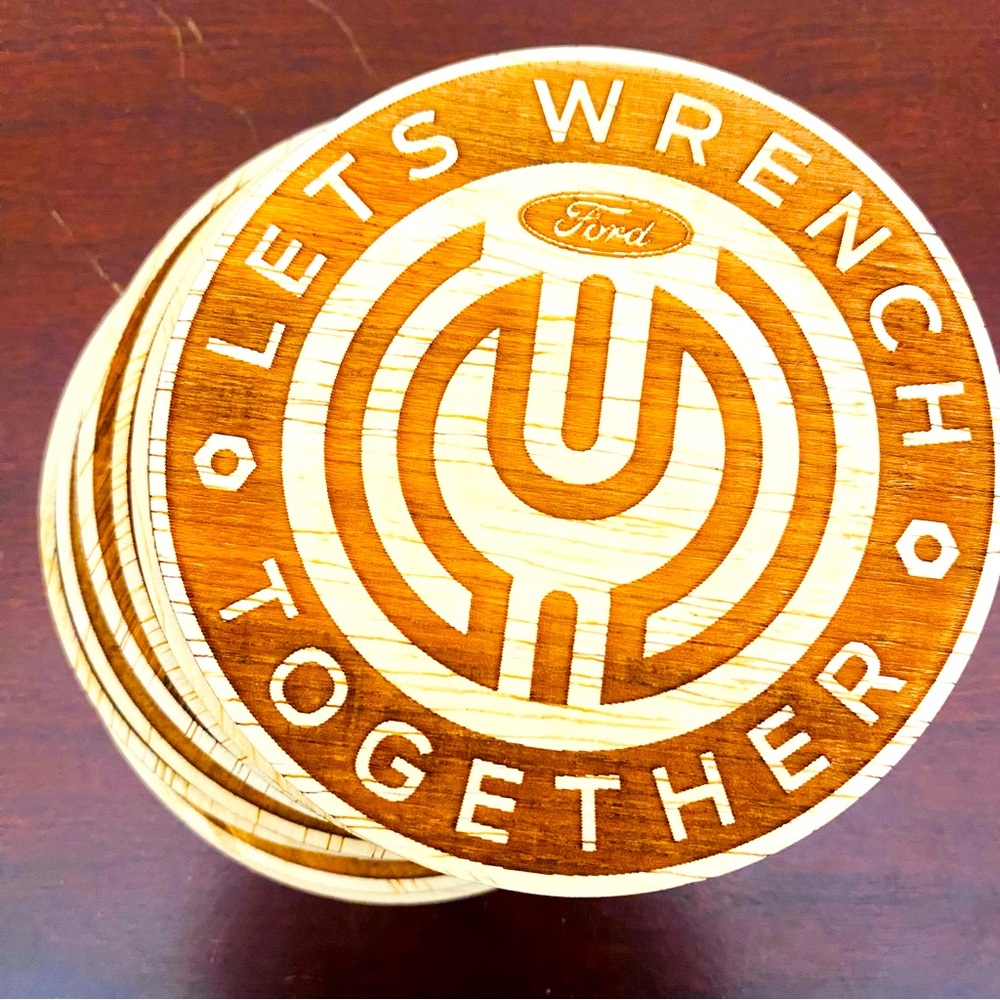 Ford coasters, set of 8, Let’s Wrench Together